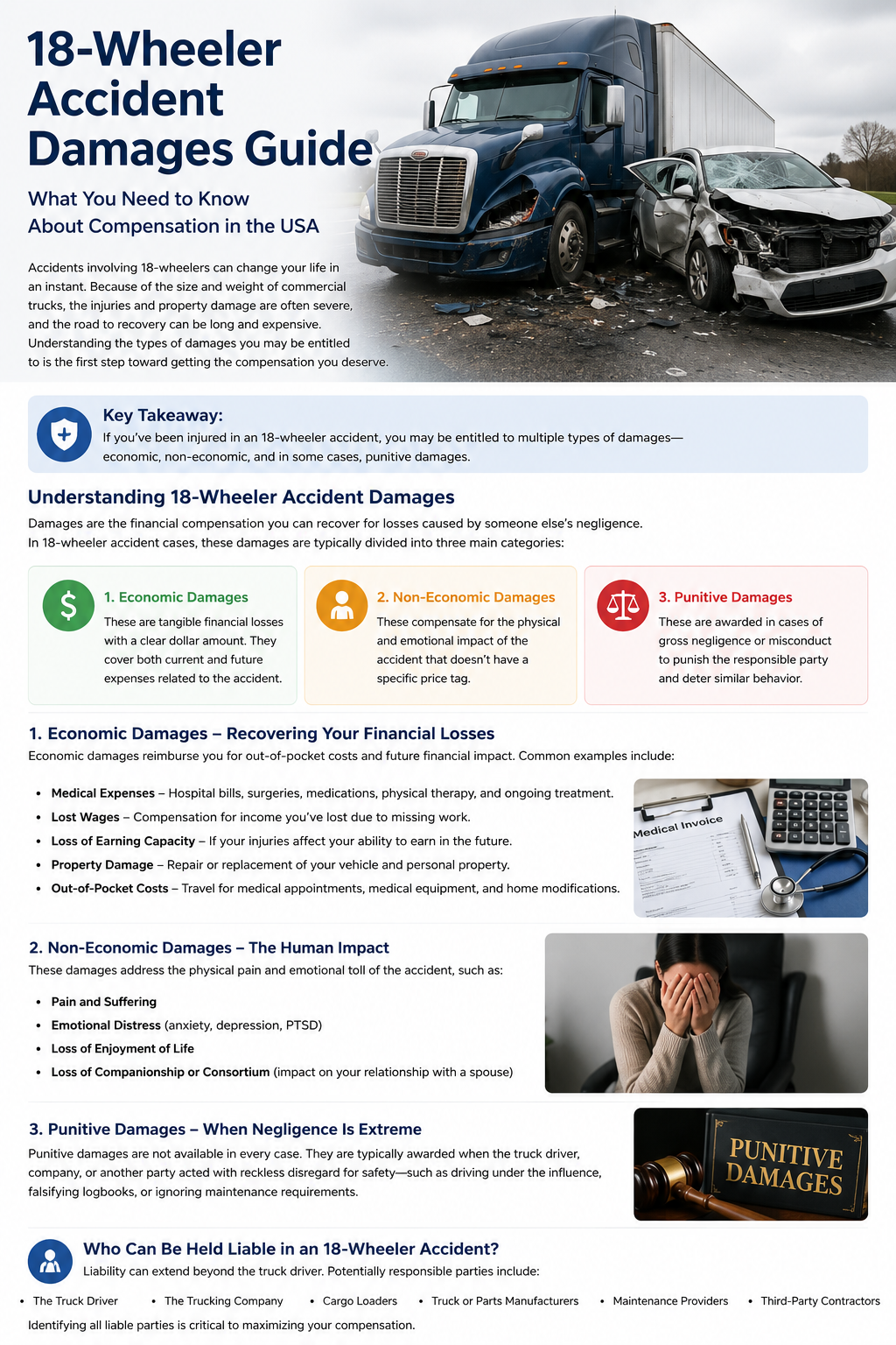 18-Wheeler Accident Damages Guide showing truck accident compensation and damages