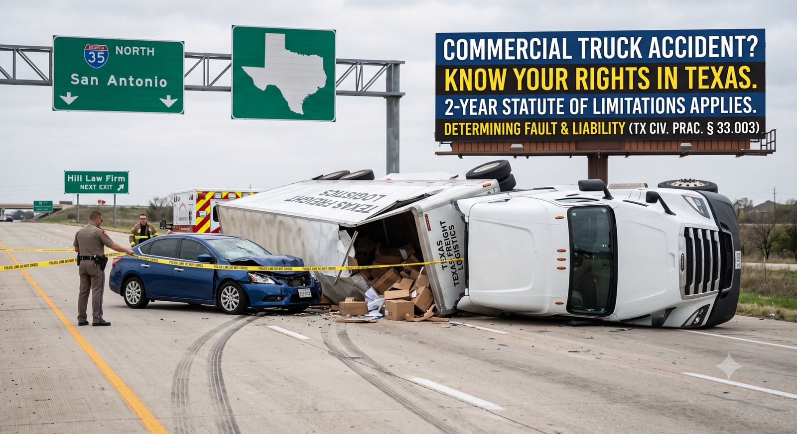 Commercial semi truck rollover accident investigation on Texas highway involving motor carrier liability and cargo spill