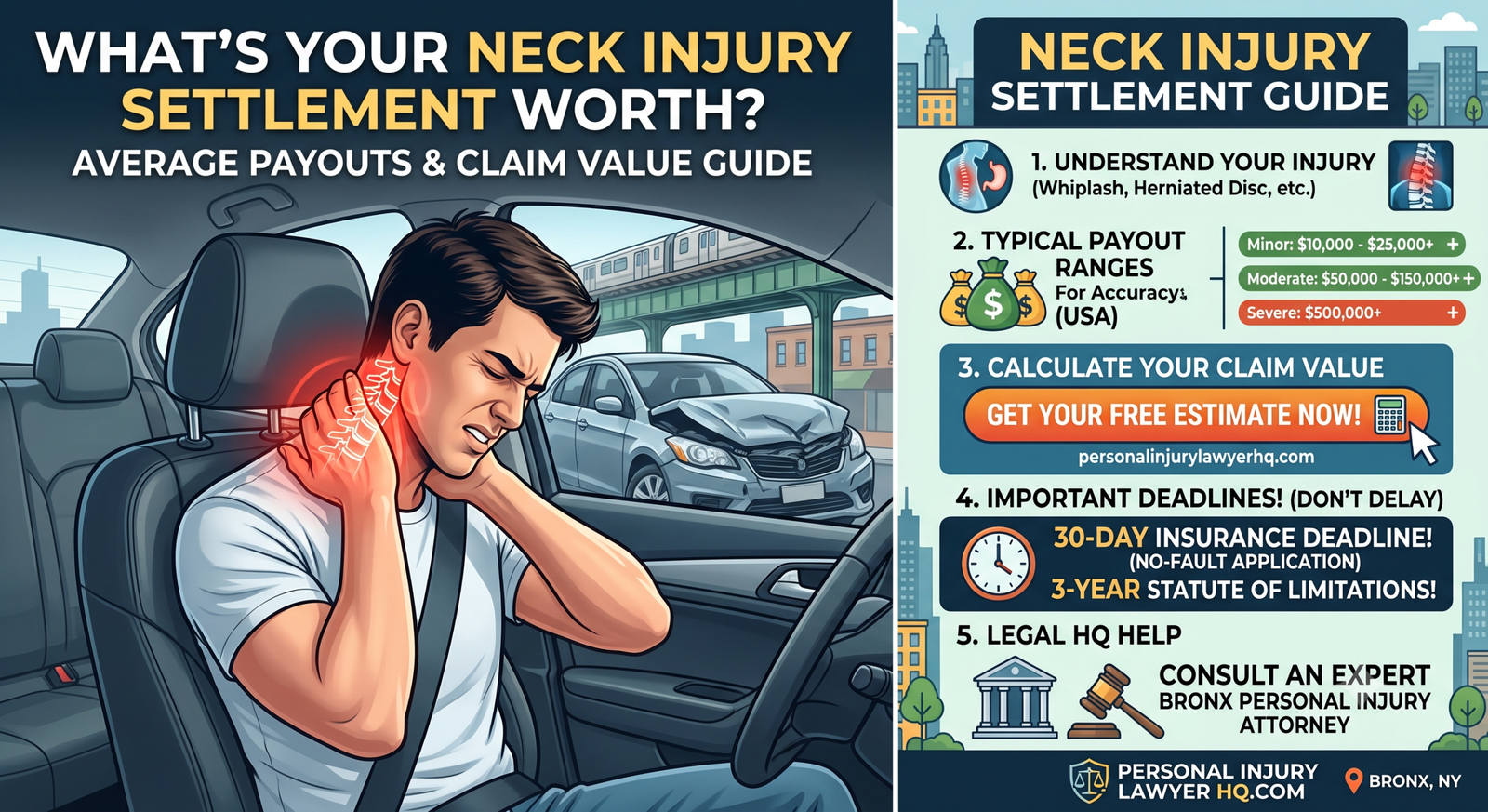 Infographic guide showing average neck injury settlement amounts, payout ranges for whiplash and herniated discs, and important insurance deadlines for personal injury claims.