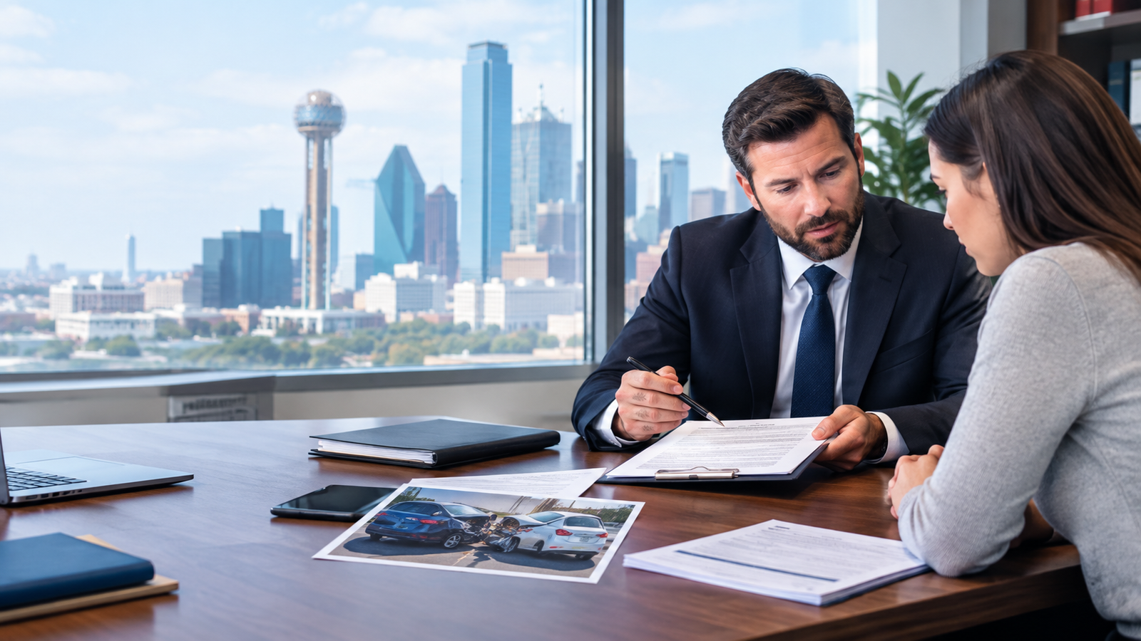 Personal injury attorney Dallas discussing an accident claim with an injured client