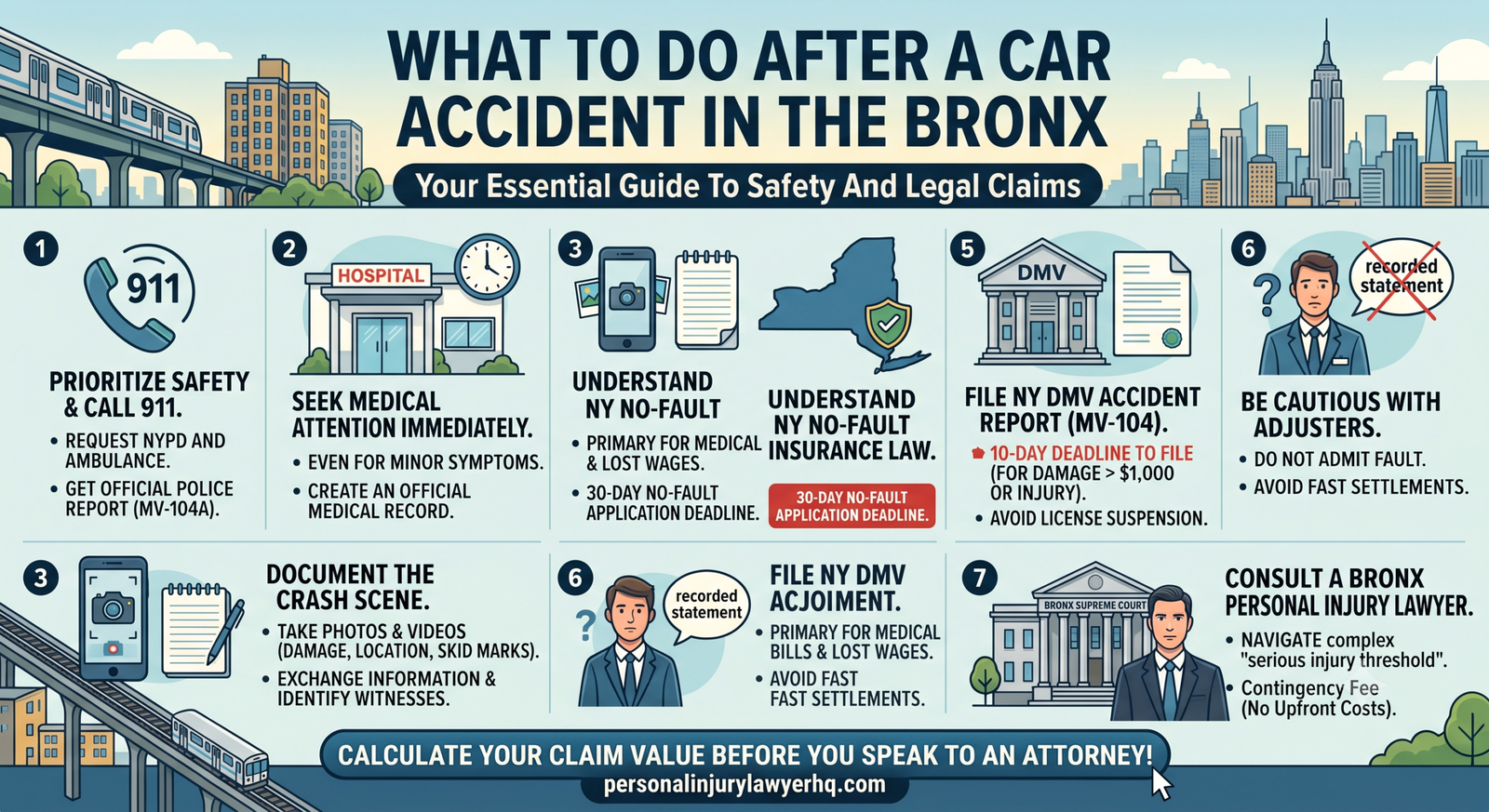 Infographic explaining what to do after a car accident in the Bronx, including NY no-fault insurance deadlines, filing the MV-104 report, and consulting a personal injury lawyer.